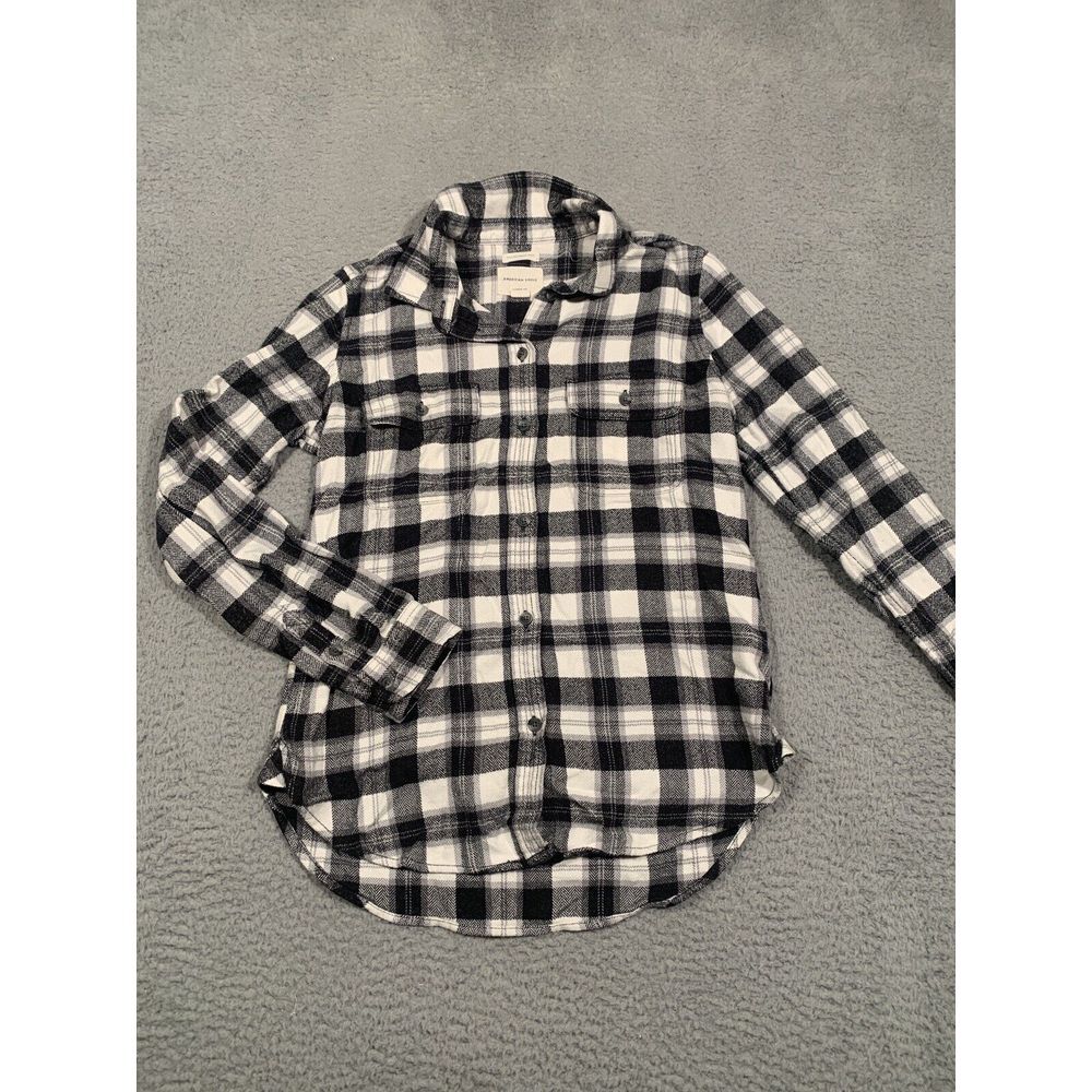 American Eagle Shirt Womens Flannel Classic Fit Black White Plaid Button Soft XS